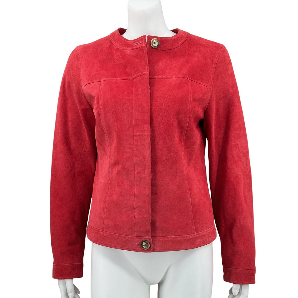 Vintage Marshall Fields Jacket Womens 10 Red Suede Leather Hidden Button Up Fall